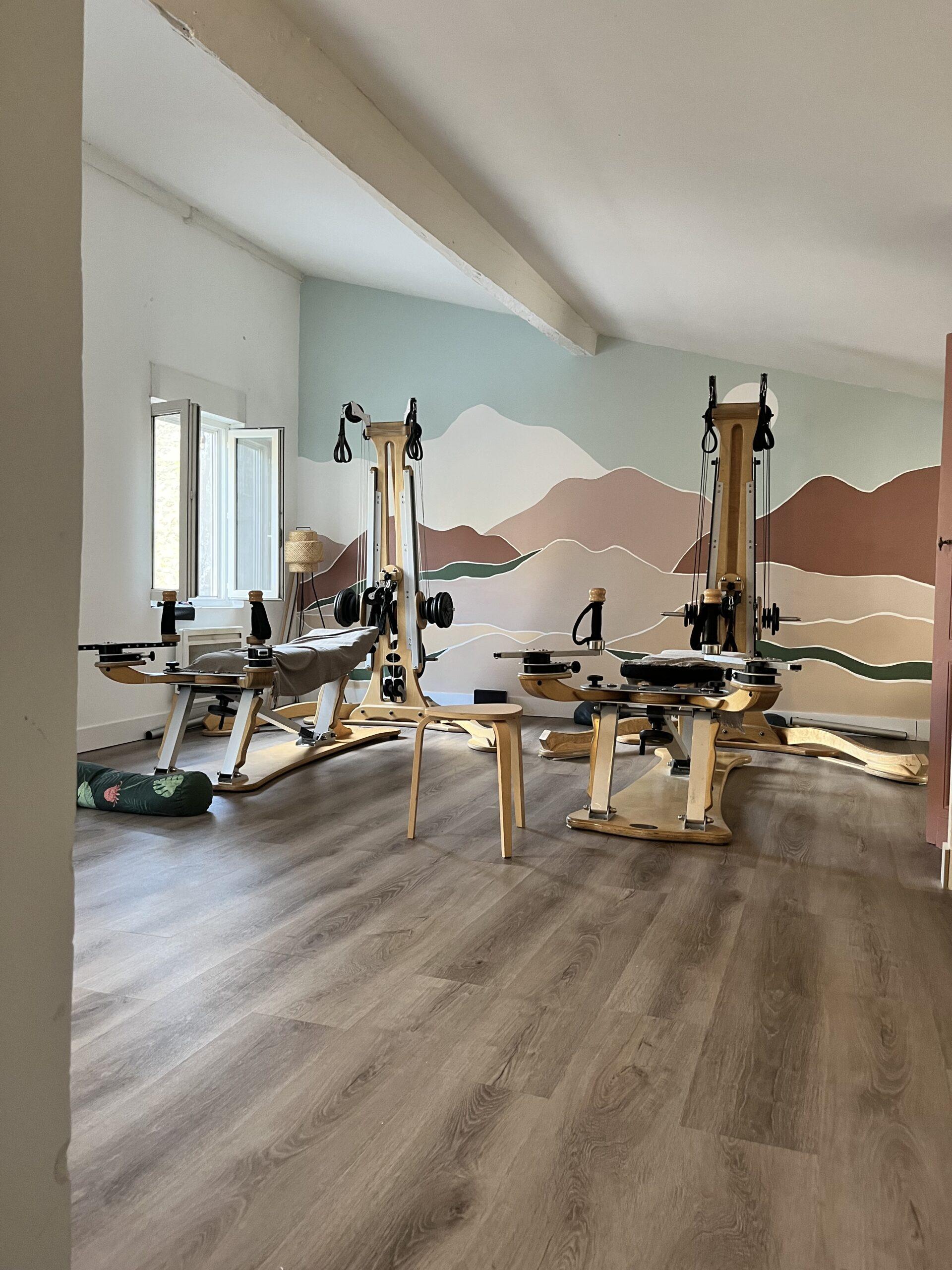 Le studio de GYROTONIC® sur les toits des Chartrons, à Bordeaux : deux machines devant une fresque de collines